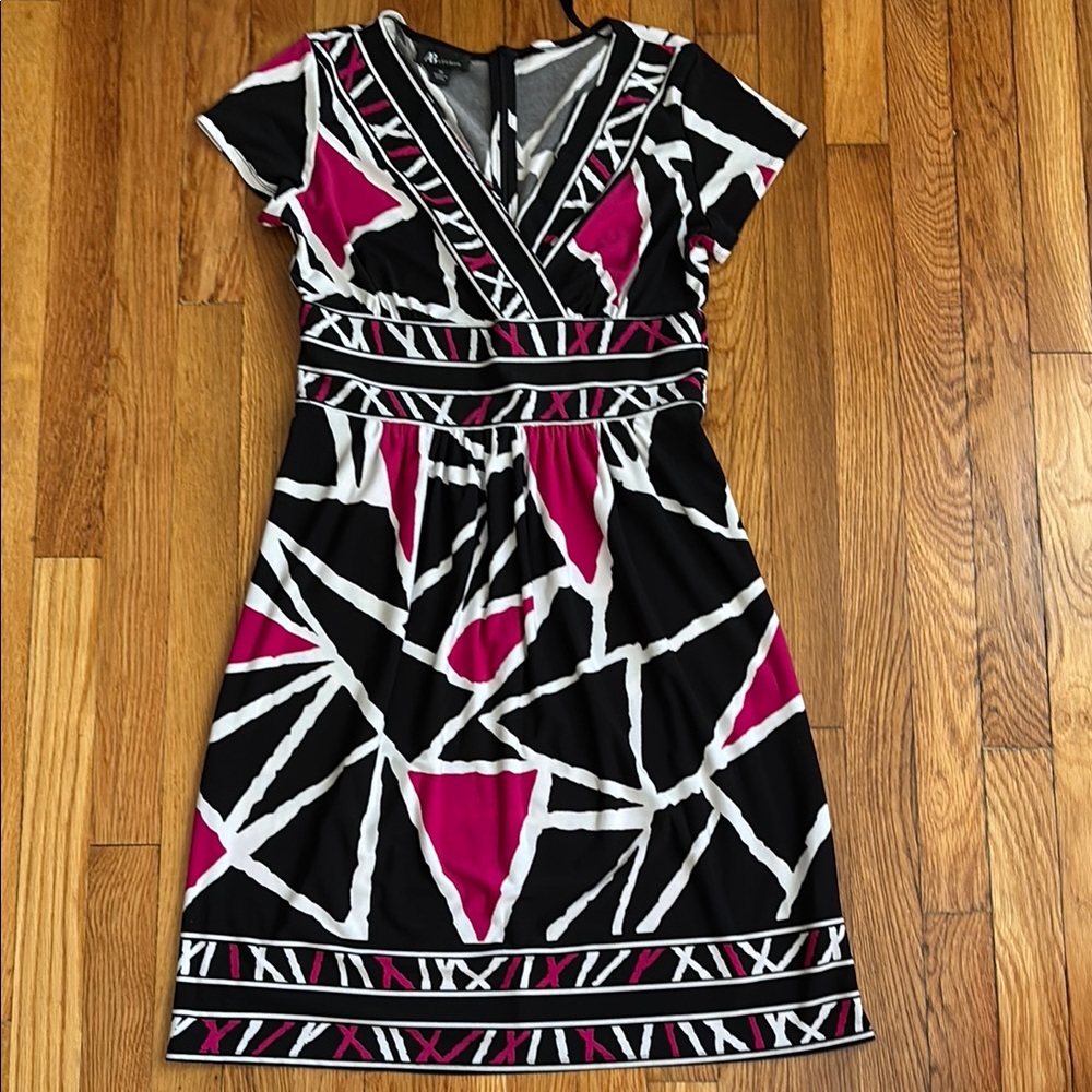 NWOT AB Studio Black, White and Pink Fit and Flare Midi Dress